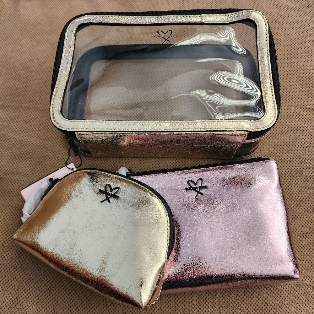 Victoria's Secret makeup case bag set metallic crackle